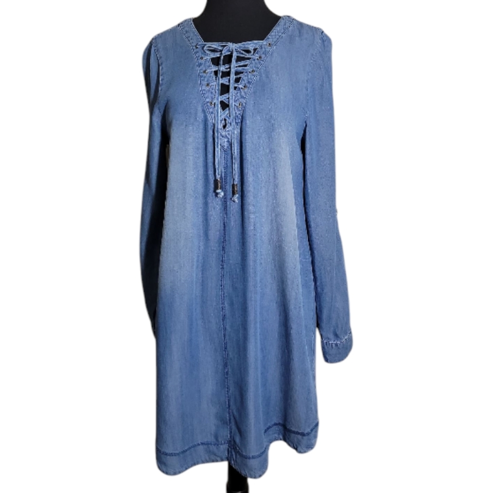 Skylar & Jade denim shift dress lace up v neck long sleeve blue women's large